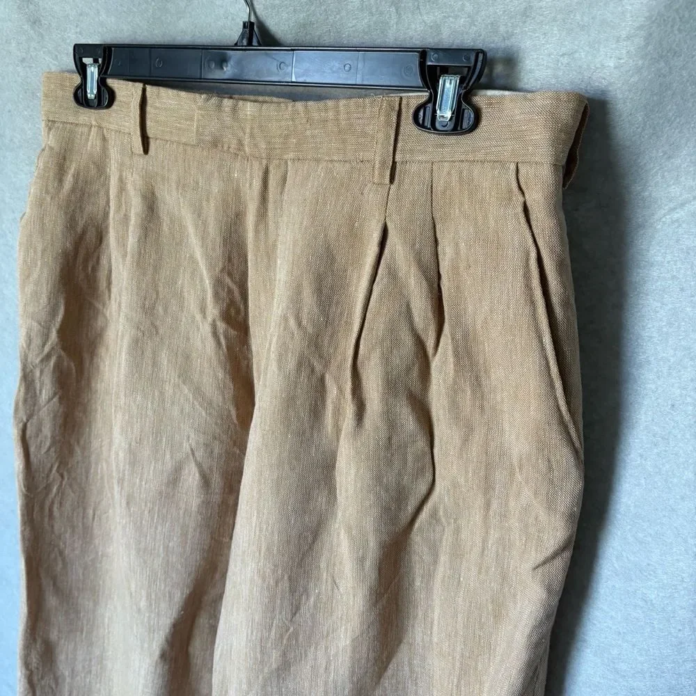 PJ Prestige Trousers Mens Size 38 Tan Pleated Linen Belt Loops Lightweight
